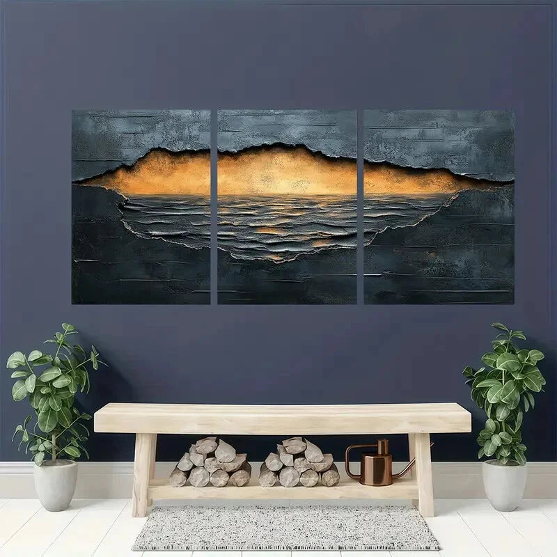 3pcs Beige, Black & Brown Textured Abstract Metal Print Ready to Hang Art