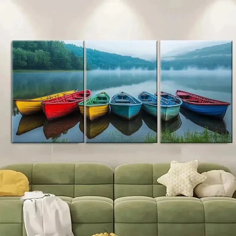 3pcs Misty Morning Rainbow Boats DY  Wall Art Set Canvas Framed 60x90cm - High Quality Print 100% Australian Made Wall Canvas Ready to Hang