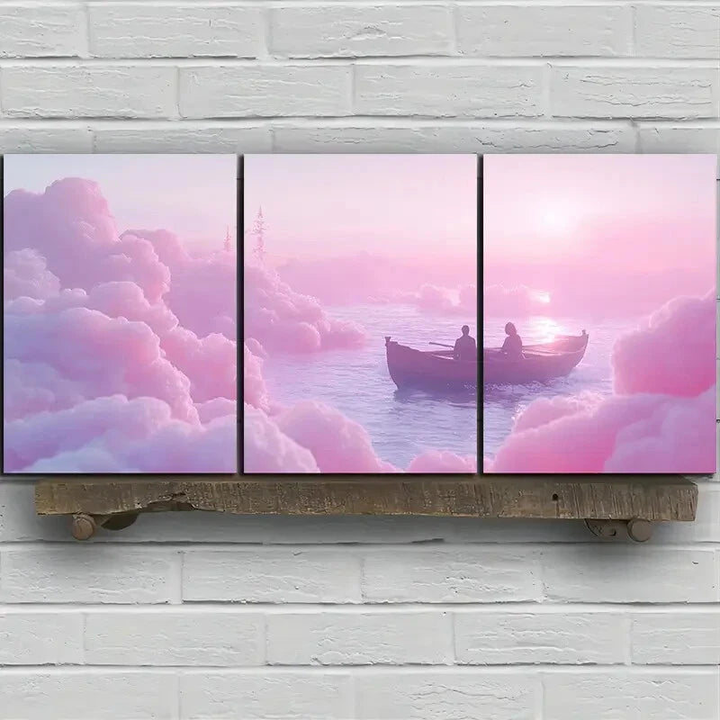 3pcs A Ship in the Pink Sea of Clouds Metal Print Ready to Hang Art - Bella Home Decor