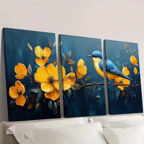 3pcs Vibrant Yellow & Blue Bird Wall Art Canvas Unframed - High Quality Print 100% Australian Made Wall Canvas - Bella Home Decor