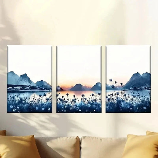 3pcs Painting of a Lake with Mountains Wall Art Set Canvas Framed 50x70cm - High Quality Print 100% Australian Made Wall Canvas Ready to Hang