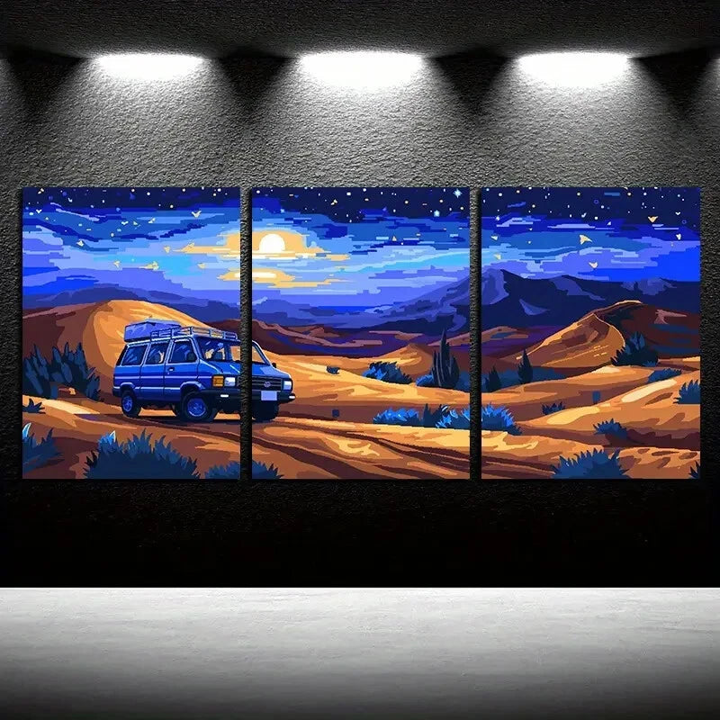 3pcs Desert Sunset Vibrant Landscape with Van Metal Print Ready to Hang Art - Bella Home Decor