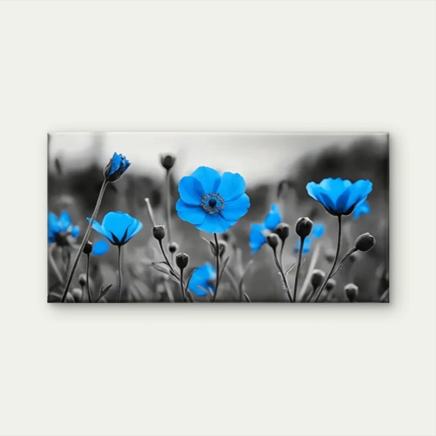 Vibrant Blue Poppy Field Wall Art Canvas Office Home Room Framed 120x60cm