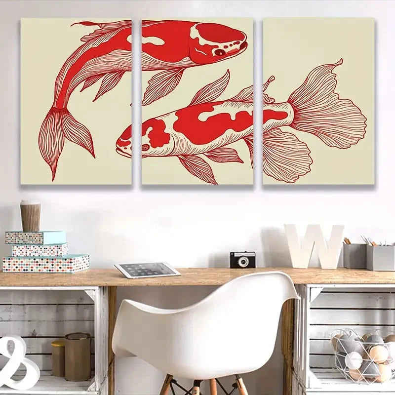 3pcs Red & White Koi Fish Spray Paint Artwork   Wall Art Set Canvas Framed 50x70cm - High Quality Print 100% Australian Made Wall Canvas Ready to Hang