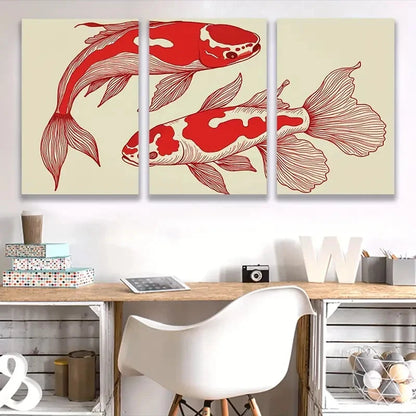 3pcs Red & White Koi Fish Spray Paint Artwork   Wall Art Set Canvas Framed 50x70cm - High Quality Print 100% Australian Made Wall Canvas Ready to Hang