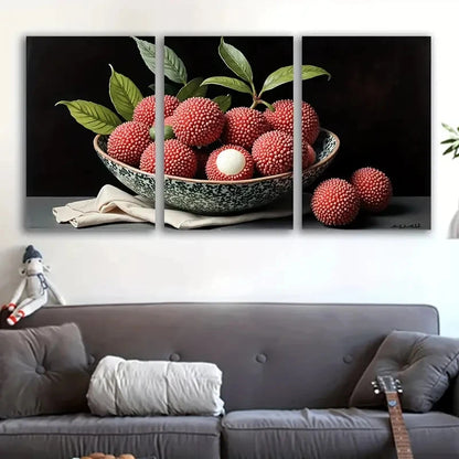 3pcs Lychee Fruit Bowl with Leaves Art Wall Art Set Canvas Framed 50x70cm - High Quality Print 100% Australian Made Wall Canvas Ready to Hang