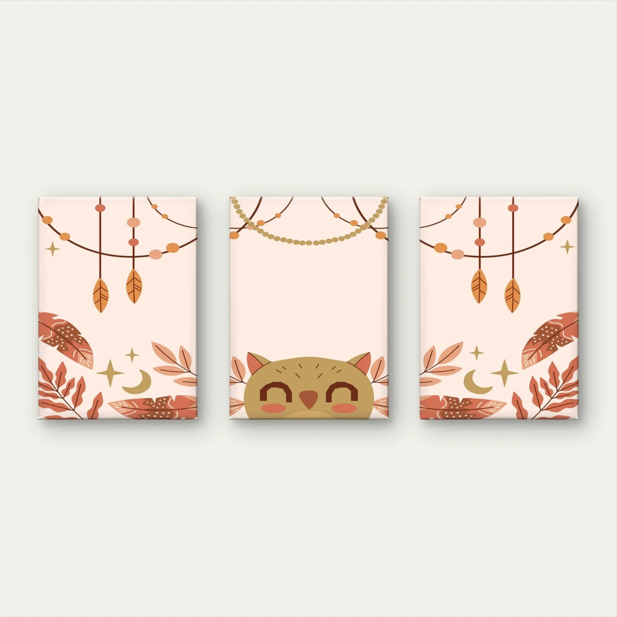 3pcs Boho Cute Owl and Feathers Playful Kids Wall Art Set Canvas Framed 50x70cm - High Quality Print 100% Australian Made Wall Canvas Ready to Hang