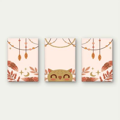 3pcs Boho Cute Owl and Feathers Playful Kids Wall Art Set Canvas Framed 50x70cm - High Quality Print 100% Australian Made Wall Canvas Ready to Hang