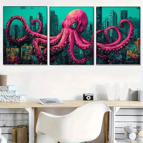 3 PCS Vividly Colored Pink Urban Octopus Fantasy Wall Art Set Canvas Unframed - High Quality Print 100% Australian Made Wall Canvas