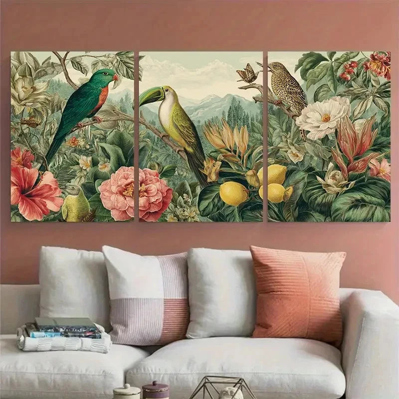 3pcs Botanical Florals & Birds Venezuela Travel Wall Art Set Canvas Framed 60x90cm - High Quality Print 100% Australian Made Wall Canvas Ready to Hang - Bella Home Decor