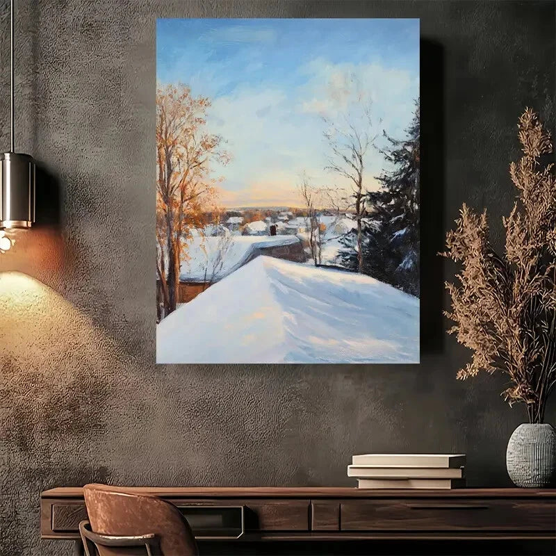 Beautiful Winter Serenity Snowy Landscape Painting 40x60cm Metal Print Ready to Hang - Bella Home Decor