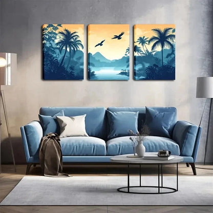 3pcs Coconut Trees Water Orange Sky Perfect Wall Art Set Canvas Framed 60x90cm - High Quality Print 100% Australian Made Wall Canvas Ready to Hang