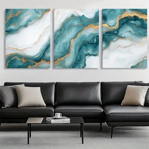 3pcs Teal and Golden Abstract Fluid Perfect Wall Art Set Canvas Unframed - High Quality Print 100% Australian Made Wall Canvas