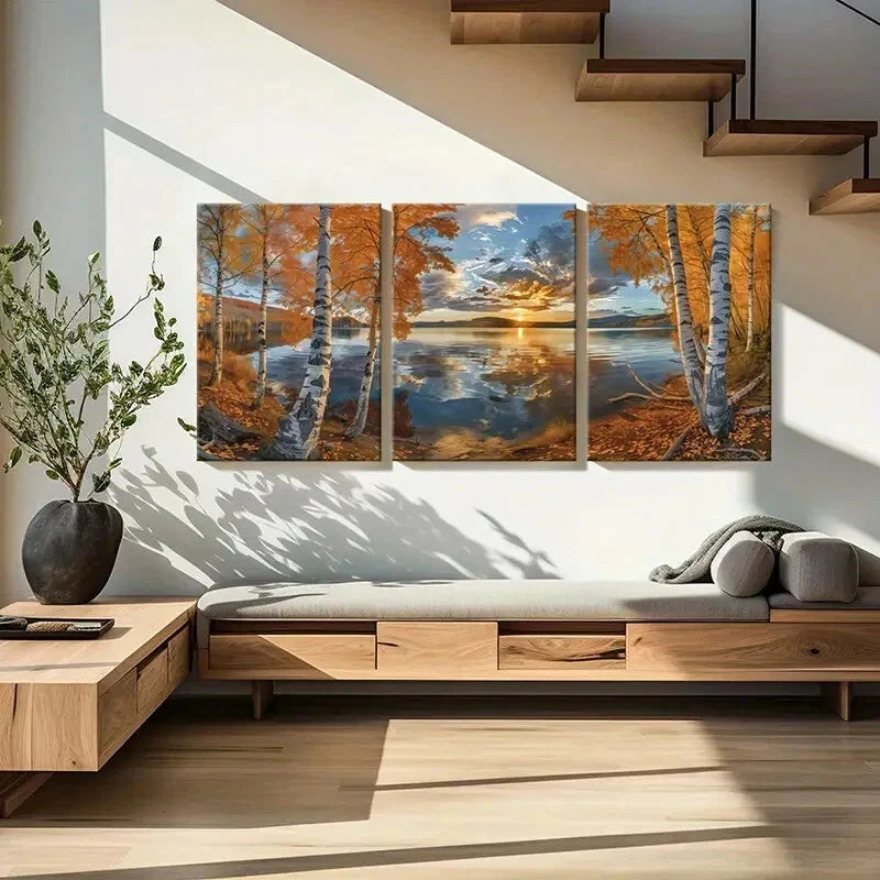 3pcs Sunset Birch Trees Lake Reflection Metal Print Ready to Hang Art - Bella Home Decor