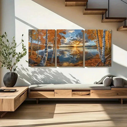 3pcs Sunset Birch Trees Lake Reflection Metal Print Ready to Hang Art - Bella Home Decor