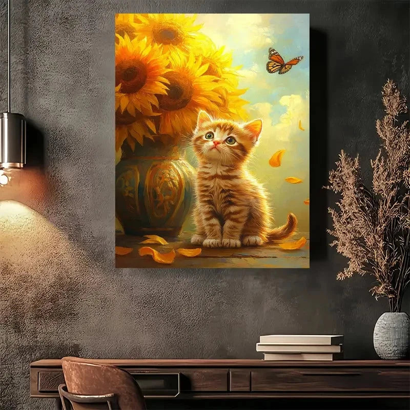 Beautiful Whimsical Kitten with Sunflowers Painting 40x60cm Metal Print Ready to Hang