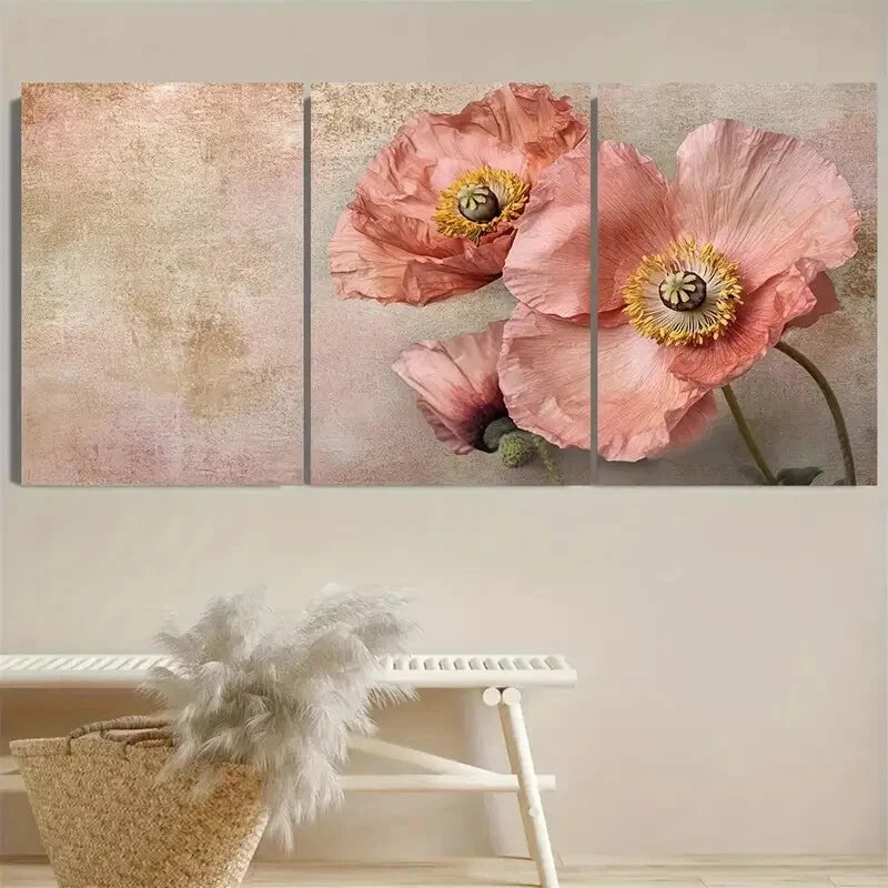 3pcs Pink Poppy Floral Rustic Botanical Design Metal Print Ready to Hang Art - Bella Home Decor