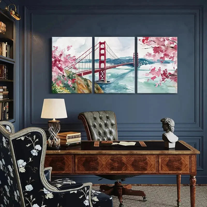 3pcs Golden Gate Bridge Cherry Blossoms Poster Metal Print Ready to Hang Art - Bella Home Decor