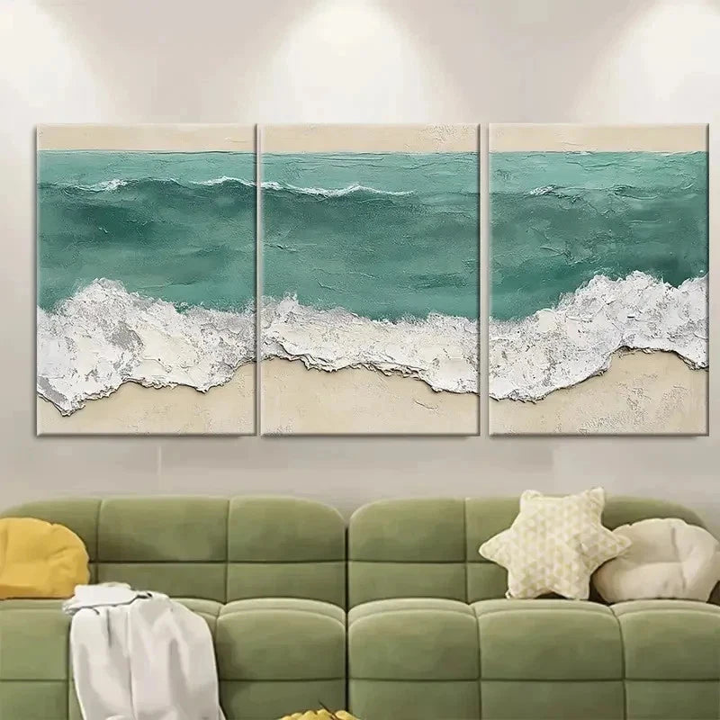 3pcs Green Abstract Texture, Grey Ocean  Wall Art Set Canvas Framed 50x70cm - High Quality Print 100% Australian Made Wall Canvas Ready to Hang