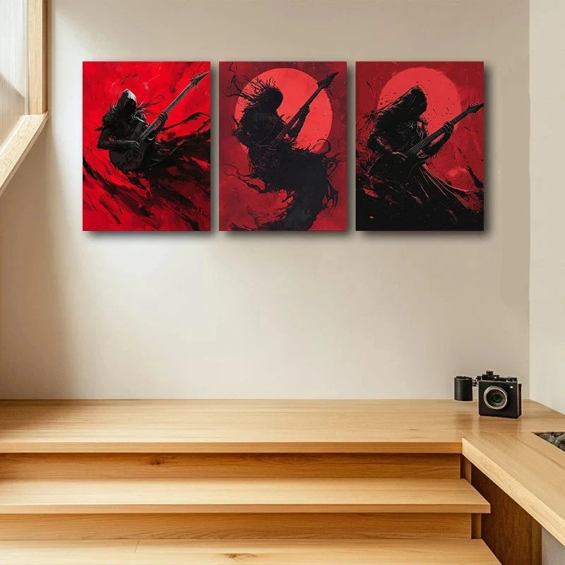 3pcs Dark Guitar Trio Black and Red Illustrations Metal Print Ready to Hang Art - Bella Home Decor