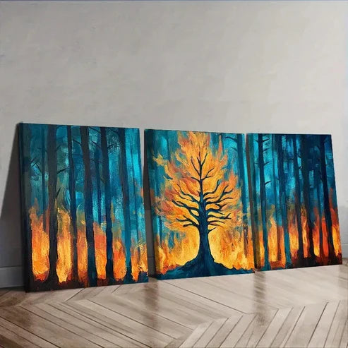 3pcs A Fire in the Forest Disaster Wall Art Canvas Unframed - High Quality Print 100% Australian Made Wall Canvas