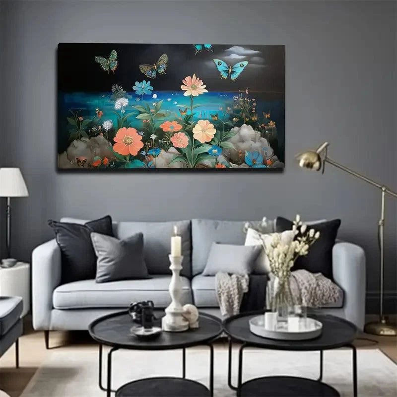 Living room with a decorative painting of flowers and butterflies on the wall.