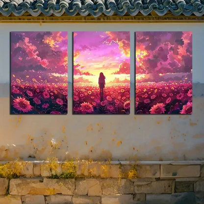 3pcs Enchanting Sunset with Girl in Floral Field Metal Print Ready to Hang Art - Bella Home Decor