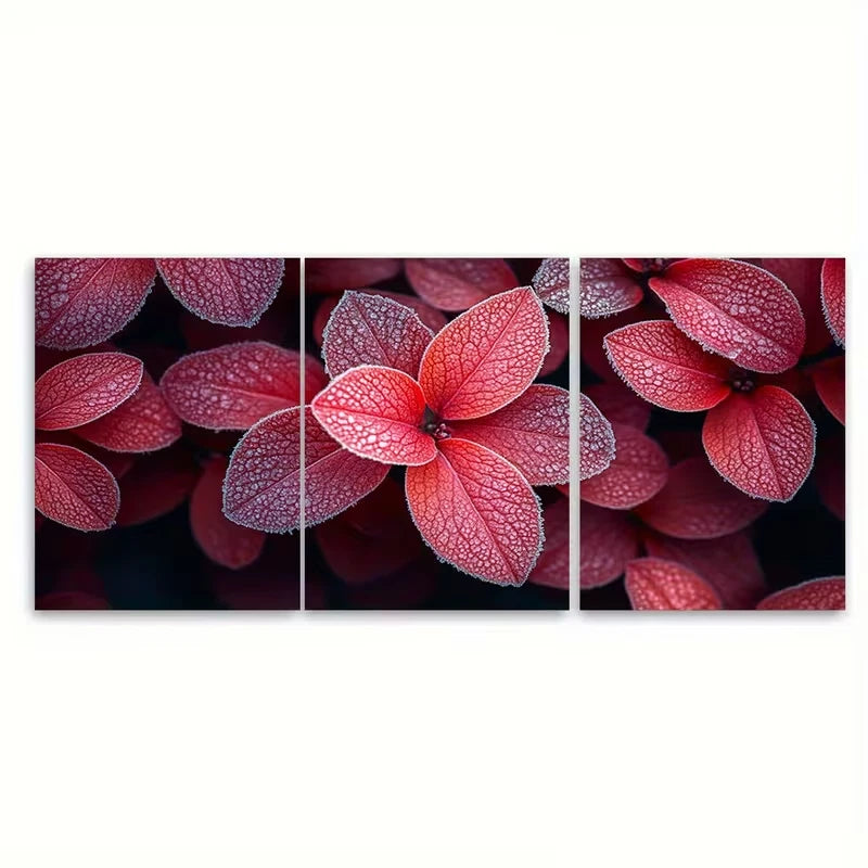 3pcs Vibrant Crimson Azalea Leaves Metal Print Ready to Hang Art