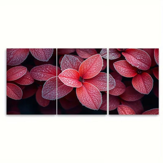 3pcs Vibrant Crimson Azalea Leaves Metal Print Ready to Hang Art