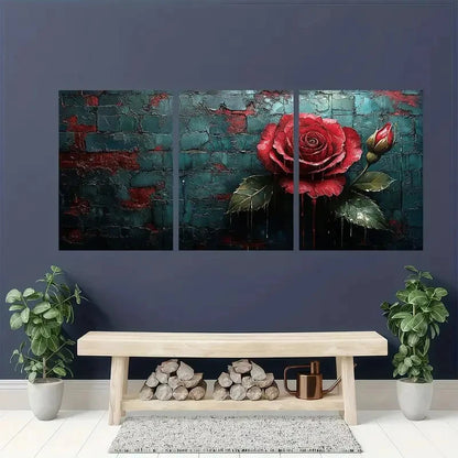 3pcs Bright Red Roses & Green Leaves Metal Print Ready to Hang Art - Bella Home Decor