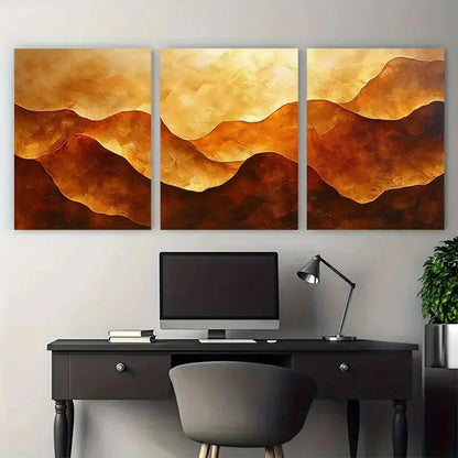 3pcs Vibrant Modern Abstract Golden Brown Wall Art Set Canvas Framed 40x60cm - High Quality Print 100% Australian Made Wall Canvas Ready to Hang