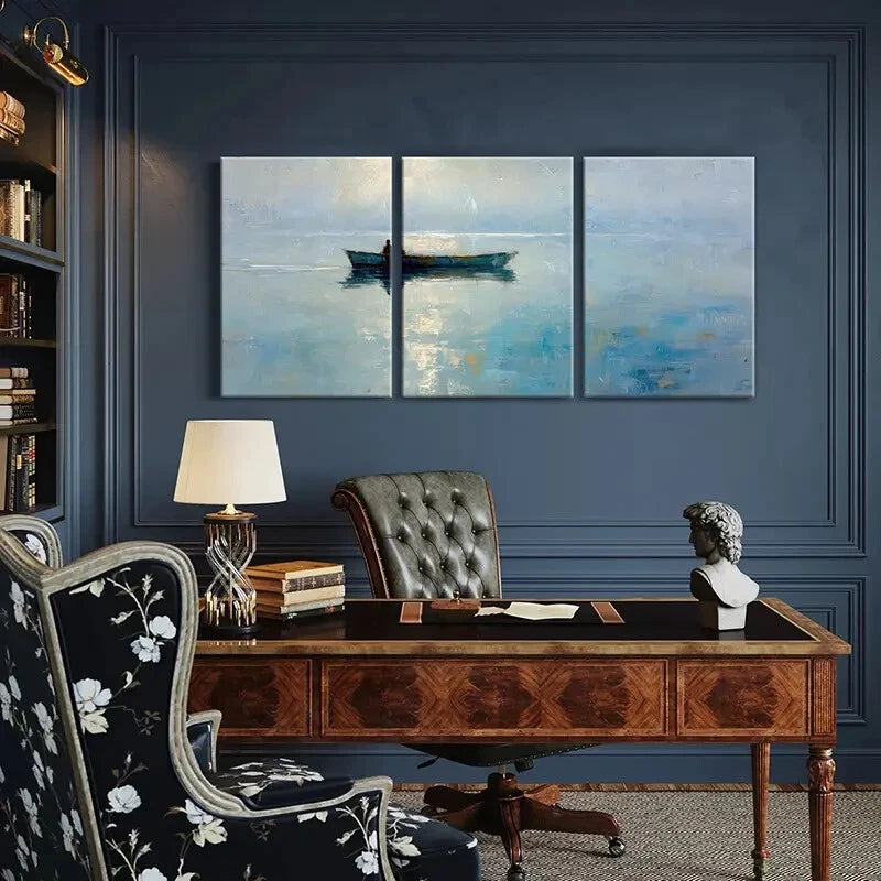 3pcs Abstract Ocean Scene Solitary Boat Metal Print Ready to Hang Art - Bella Home Decor