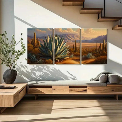3pcs Vibrant Cactus & Mountain Sunset Scene Metal Print Ready to Hang Art - Bella Home Decor