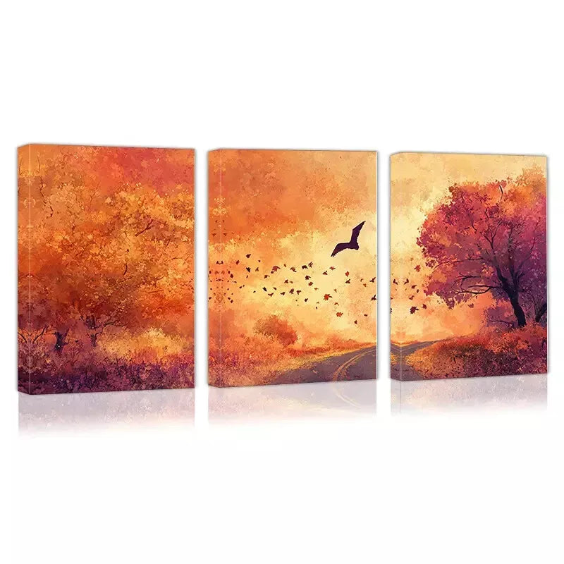3pcs Vibrant Autumn Path, Trees & Bats Scene Wall Art Set Canvas Framed 40x60cm - High Quality Print 100% Australian Made Wall Canvas Ready to Hang