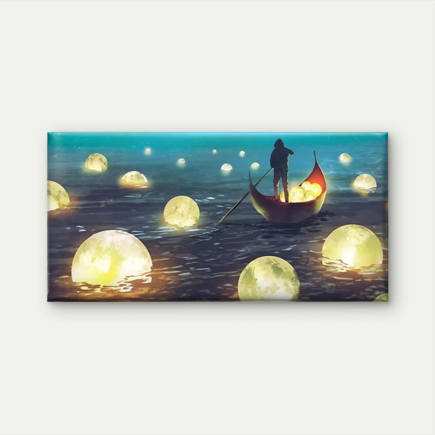 Man Rowing Boat with Moons Wall Art Canvas Office Home Room Framed 120x60cm