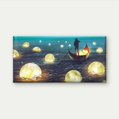 Man Rowing Boat with Moons Wall Art Canvas Office Home Room Framed 120x60cm