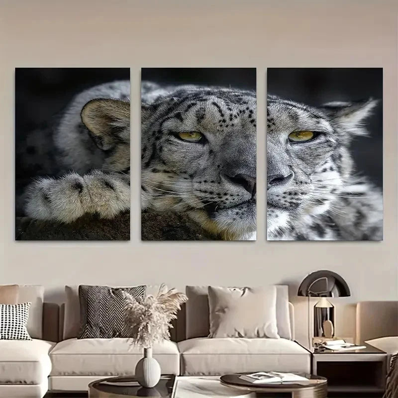 3pcs Snow Leopard Portrait Metal Print Ready to Hang Art