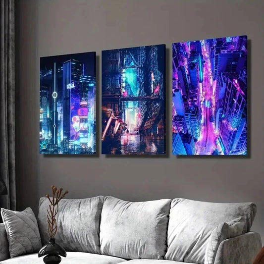 3pcs Vibrant Neon Futuristic Skylines Wall Art Set Canvas Framed 60x90cm - High Quality Print 100% Australian Made Wall Canvas Ready to Hang