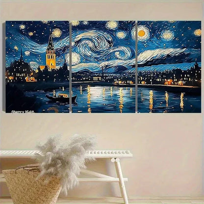 3pcs Van Gogh's Starry Night Tribute Vintage Wall Art Canvas Unframed - High Quality Print 100% Australian Made Wall Canvas - Bella Home Decor