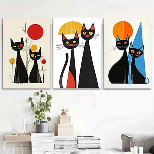 3pcs Black Cats Creative art Work Wall Art Set Canvas Framed 50x70cm - High Quality Print 100% Australian Made Wall Canvas Ready to Hang