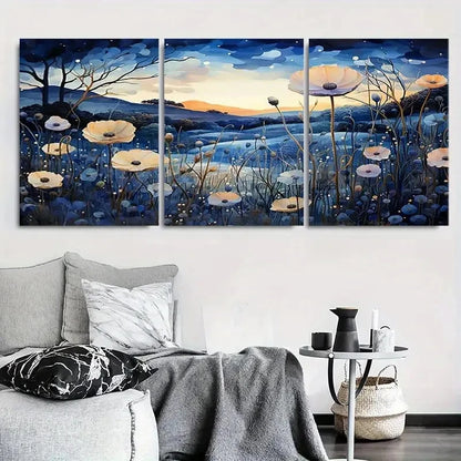 3pcs Blue and White Poppy Flower Metal Print Ready to Hang Art - Bella Home Decor
