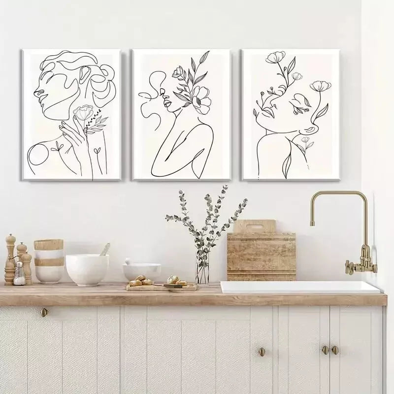 3pcs Minimalist Woman Flower LineWall Art Set Canvas Framed 50x70cm - High Quality Print 100% Australian Made Wall Canvas Ready to Hang