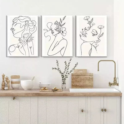 3pcs Minimalist Woman Flower LineWall Art Set Canvas Framed 50x70cm - High Quality Print 100% Australian Made Wall Canvas Ready to Hang