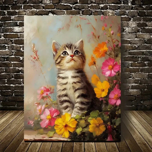 Cute American Shorthair Kitten with Flowers & Plants  40x60cm Metal Print Ready to Hang - Bella Home Decor