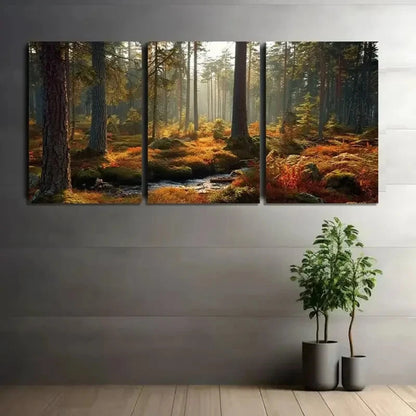 3pcs Moss-Covered Ground in a Forest Painting Metal Print Ready to Hang Art
