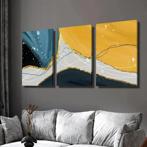 3pcs Golden Luxury Abstract Geometry Wall Art Canvas Unframed - High Quality Print 100% Australian Made Wall Canvas - Bella Home Decor