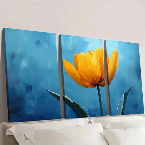 3pcs Vibrant Blue & Yellow Floral Wall Art Canvas Unframed - High Quality Print 100% Australian Made Wall Canvas - Bella Home Decor