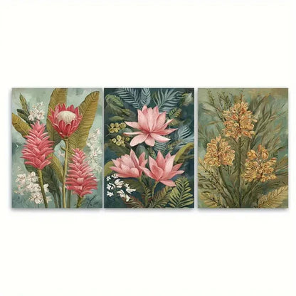 3pcs Vintage Indonesian Floral Illustration  Wall Art Set Canvas Unframed - High Quality Print 100% Australian Made Wall Canvas