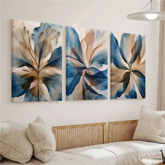 3pcs Abstract Blue Botanical Flower Boho Wall Art Set Canvas Framed 50x70cm - High Quality Print 100% Australian Made Wall Canvas Ready to Hang