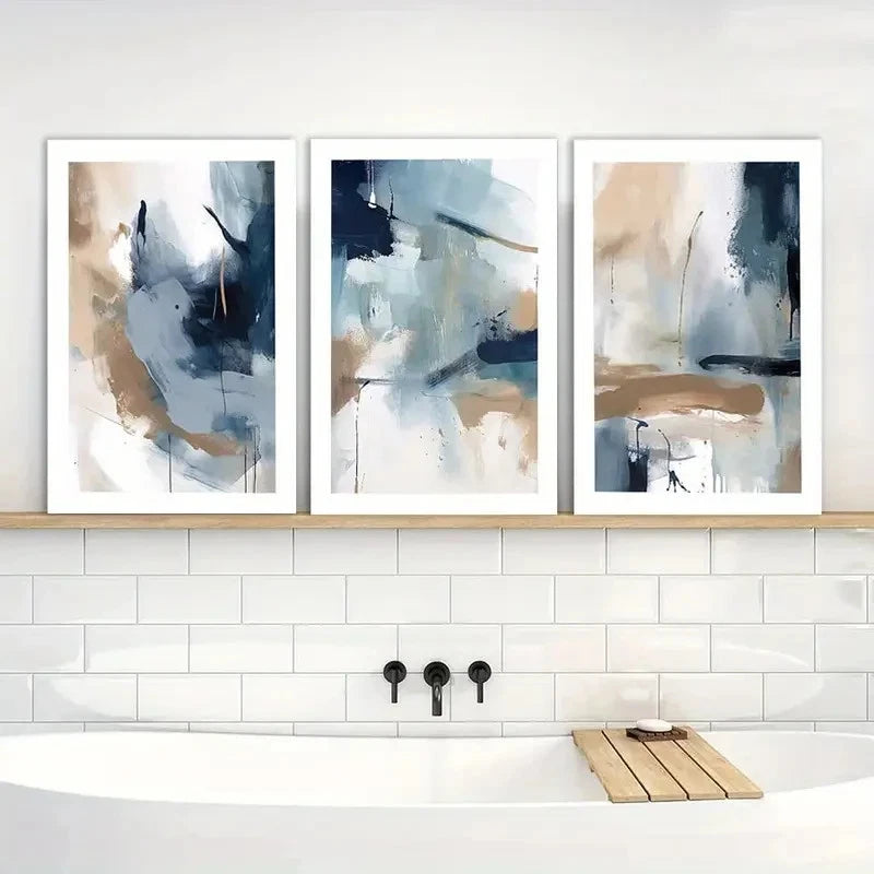 3pcs Painting Navy Blue Brush Strokes printing Metal Print Ready to Hang Art - Bella Home Decor